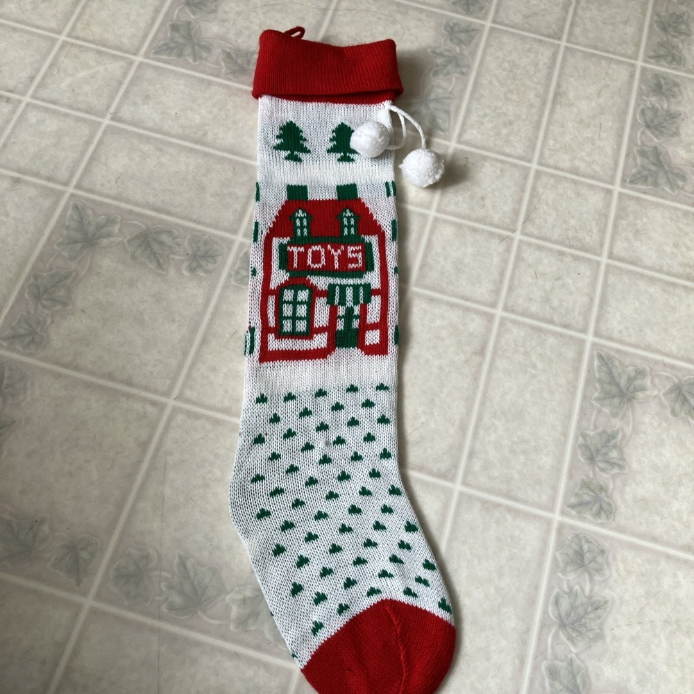 Vtg 1980s Christmas Stocking House Motif says Toys 22" long White Green Red